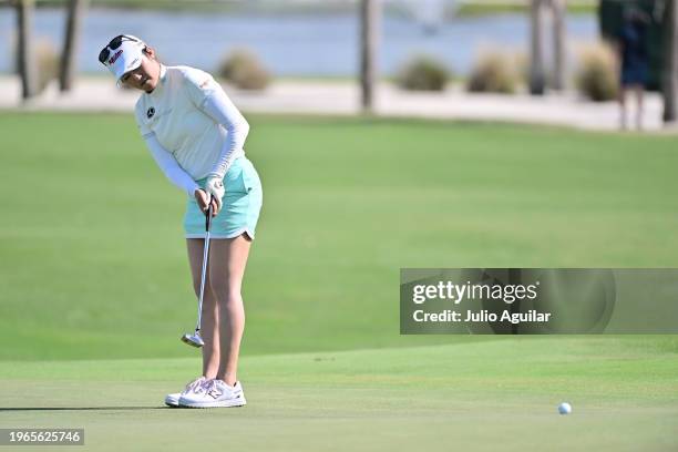 Mone Inami of Japan putts on the 16th green during the third round of the LPGA Drive On Championship at Bradenton Country Club on January 27, 2024 in...
