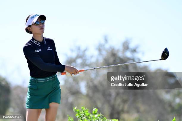 Lydia Ko of New Zealand follows her shot from the fourth tee during the third round of the LPGA Drive On Championship at Bradenton Country Club on...