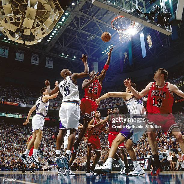 Michael Jordan of the Chicago Bulls shoots a jumpshot against the Utah Jazz during Game four of the 1997 NBA Finals at the Delta Center on June 8,...