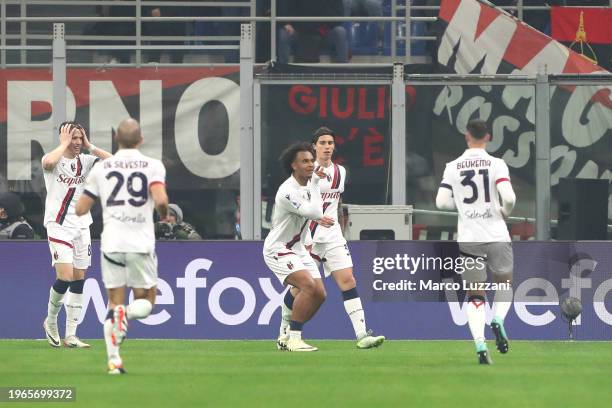 Joshua Zirkzee of Bologna FC celebrates scoring his team's first goal during the Serie A TIM match between AC Milan and Bologna FC - Serie A TIM at...