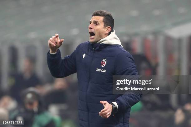 Thiago Motta, Head Coach of Bologna FC, reacts during the Serie A TIM match between AC Milan and Bologna FC - Serie A TIM at Stadio Giuseppe Meazza...