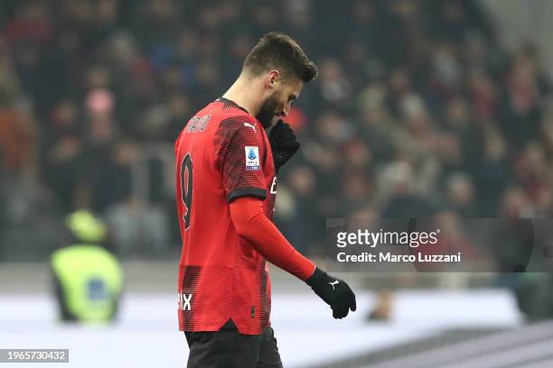 Olivier Giroud of AC Milan reacts after missing a penaltyduring the Serie A TIM match between AC Milan and Bologna FC - Serie A TIM at Stadio...