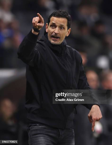 Head coach Dino Toppmoeller of Frankfurt reacts during the Bundesliga match between Eintracht Frankfurt and 1. FSV Mainz 05 at Deutsche Bank Park on...