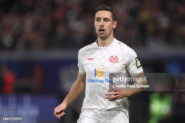 Dominik Kohr of Mainz reacts during the Bundesliga match between Eintracht Frankfurt and 1. FSV Mainz 05 at Deutsche Bank Park on January 26, 2024 in...