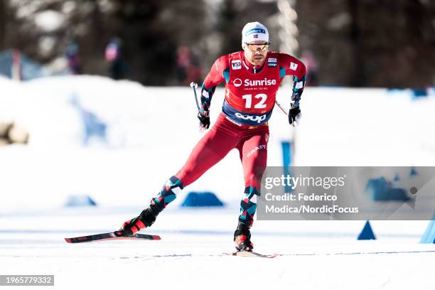 Goms, SWITZERLAND Haavard Solaas Taugboel of Norway competes in the Sprint free on January 27, 2024 in Goms, Switzerland.