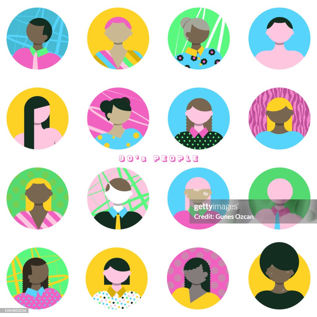 People Avatar Icons in 90's Theme Illustration -
Party - Social Event, Costume, Group Of People, 1990-1999