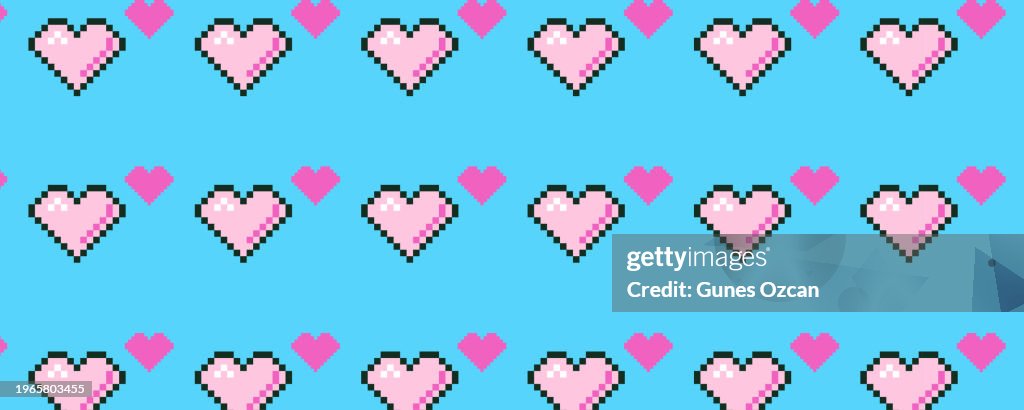 Pixel Hearts, 1990 - 1999 style, Pixels, Heart Shape, Life Bar, Video Game UI, User Interface, Flat Design