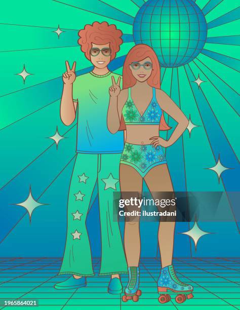 1970 typisches paar in einer diskothek - disco ball stock-grafiken, -clipart, -cartoons und -symbole