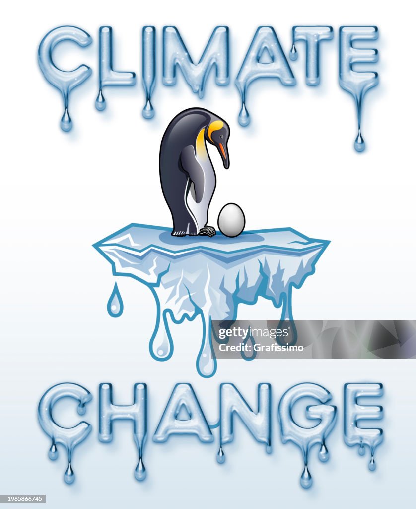 Antarctica King penguin with egg standing on melting Iceberg climate change illustration