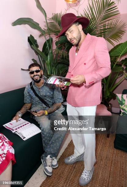 Anuel AA and Prince Royce attend the 2024 Pegasus World Cup Presented By Baccarat at Gulfstream Park on January 27, 2024 in Hallandale, Florida.