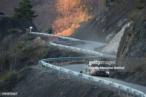 Andreas Mikkelsen of Norway and Torstein Eriksen of Norway compete driving the Hyundai Shell Mobis WRT Hyundai i20 N Rally1 Hybrid during Day Three...