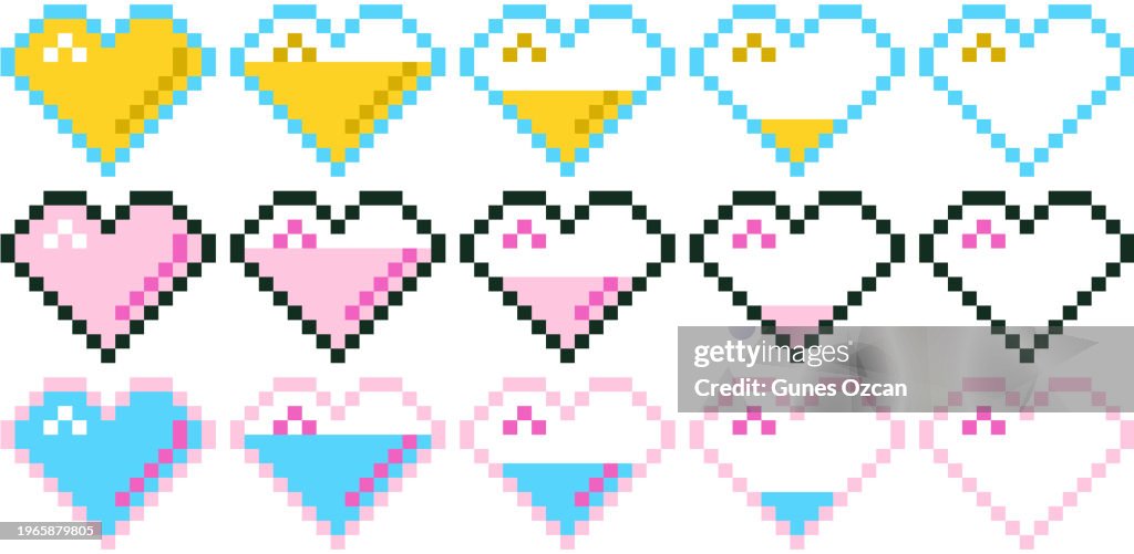 Pixelated Hearts, 1990 - 1999 style, Pixels, Heart Shape, Life Bar, Video Game UI, User Interface, Flat Design