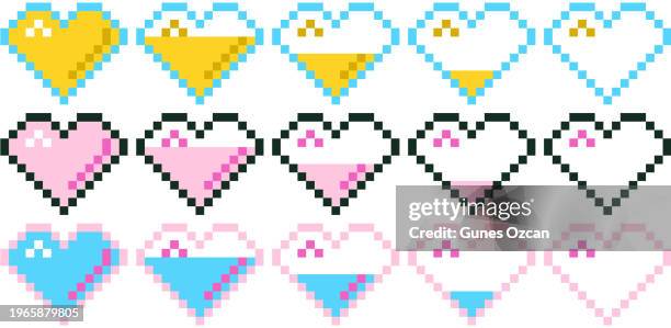 pixelated hearts, 1990 - 1999 style, pixels, heart shape, life bar, video game ui, user interface, flat design - 1990 1999 stock illustrations