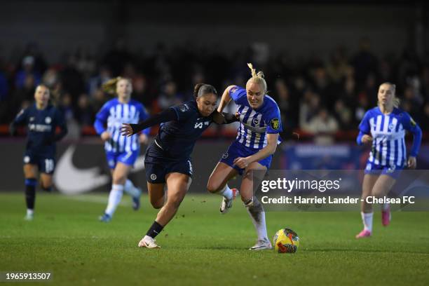 Lauren James of Chelsea is challenged by Maria Thorisdottir of Brighton & Hove Albion during the Barclays Women´s Super League match between Brighton...