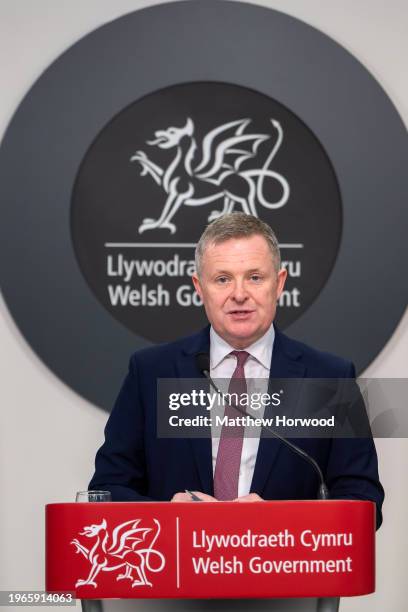 Jeremy Miles, Minister for Education and Welsh Language, speaks during a press conference on standards in schools at the Welsh Government Building at...