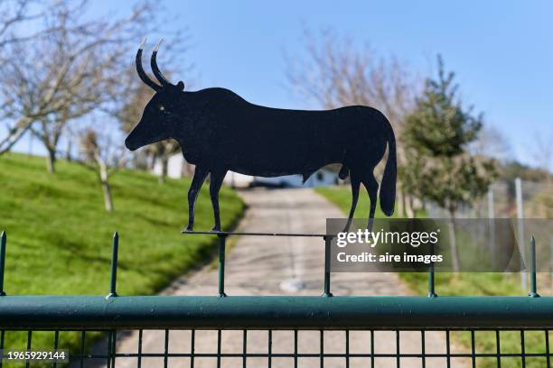 a black silhouette of the bull adorning a fence with a background of a meadow with leafless trees and a road in the center sunny image. - ranch icon stock pictures, royalty-free photos & images