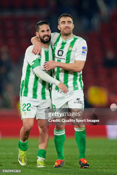 Isco Alarcon and Sokratis Papastathopoulos of Real Betis celebrate the victory after the LaLiga EA Sports match between RCD Mallorca and Real Betis...