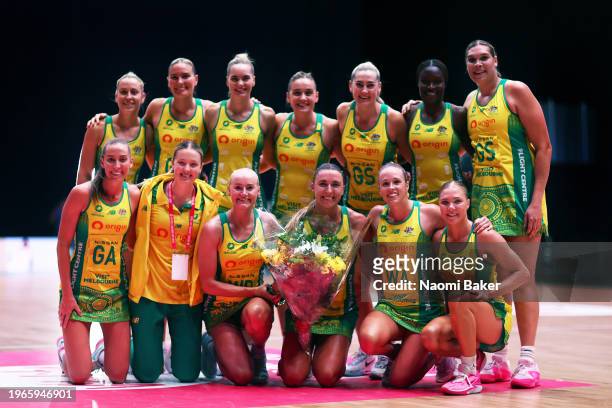 The Australia Origin Diamonds pose for a team photo following their victory during the Vitality Netball Nations Cup match between Australia Origin...
