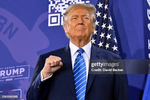 Republican presidential candidate and former U.S. President Donald Trump stands on stage during a campaign event at Big League Dreams Las Vegas on...