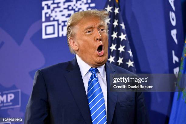 Republican presidential candidate and former U.S. President Donald Trump stands on stage during a campaign event at Big League Dreams Las Vegas on...