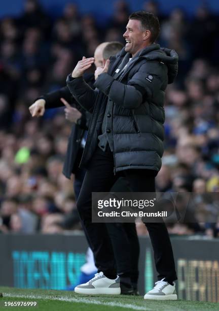 Rob Edwards, Manager of Luton Town, reacts during the Emirates FA Cup Fourth Round match between Liverpool and Norwich City at Goodison Park on...