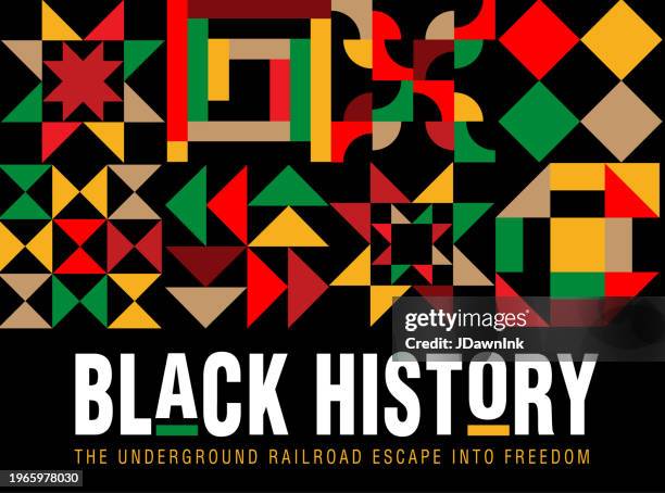 stockillustraties, clipart, cartoons en iconen met black history month february concept with quilt patterns. poster or web banner template design, poster with text - free web art