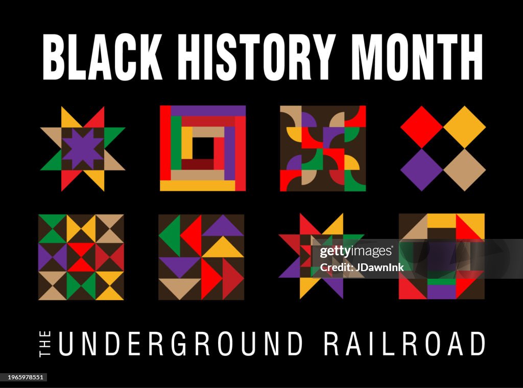 Black History Month February concept with quilt patterns. Poster or web banner template design, poster with text
