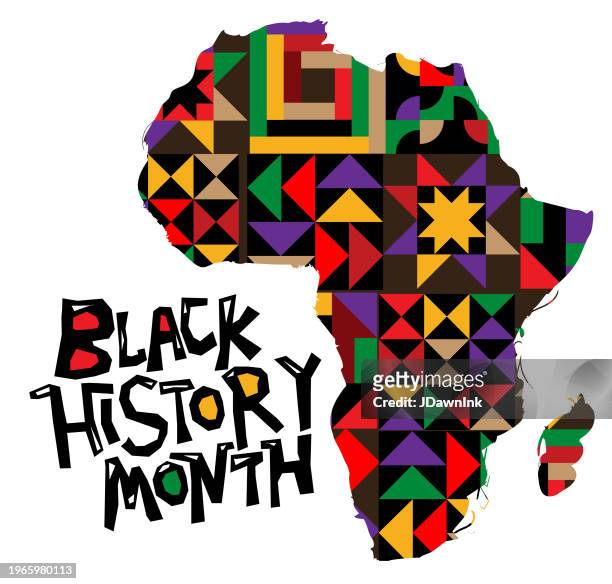 stockillustraties, clipart, cartoons en iconen met black history month february concept with africa continent quilt patterns. poster or web banner template design, poster with hand drawn text - free web art