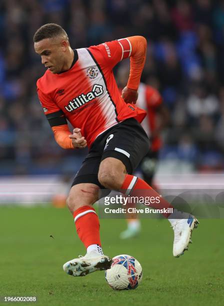 Carlton Morris of Luton Town on the ball during the Emirates FA Cup Fourth Round match between Liverpool and Norwich City at Goodison Park on January...