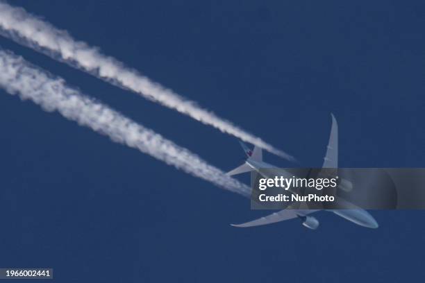 Air Canada Boeing 787-9 Dreamliner passenger aircraft as seen flying in the blue sky at 36.000 ft altitude high over the Netherlands in Europe, the...