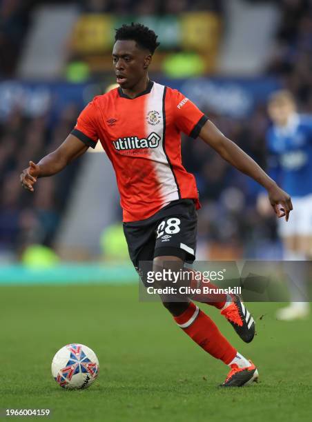 Albert Sambi Lokonga of Luton Town on the ball during the Emirates FA Cup Fourth Round match between Liverpool and Norwich City at Goodison Park on...