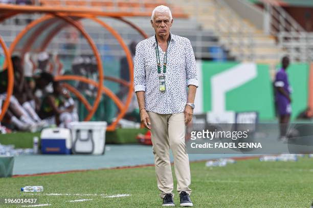 Burkina Faso's French coach Hubert Velud reacts during the Africa Cup of Nations 2024 round of 16 football match between Mali and Burkina Faso at the...