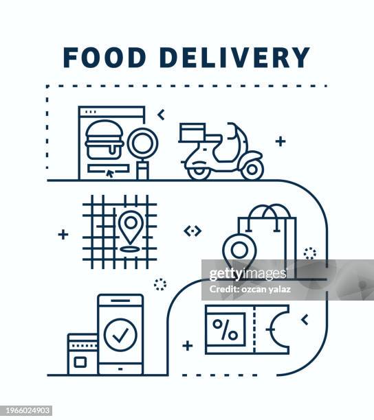 food delivery related vector banner design concept. global multi-sphere ready-to-use template. web banner, website header, magazine, mobile application etc. modern design. - ordering takeout stock illustrations