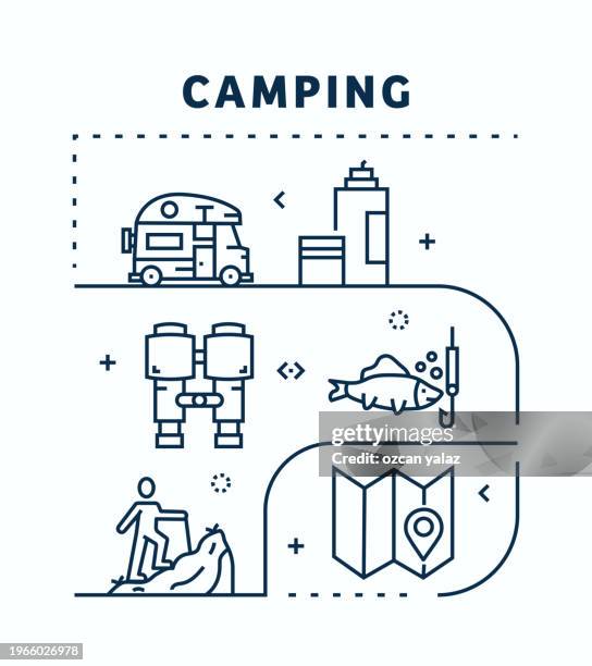 camping related vector banner design concept. global multi-sphere ready-to-use template. web banner, website header, magazine, mobile application etc. modern design. - bonfire sunset stock illustrations