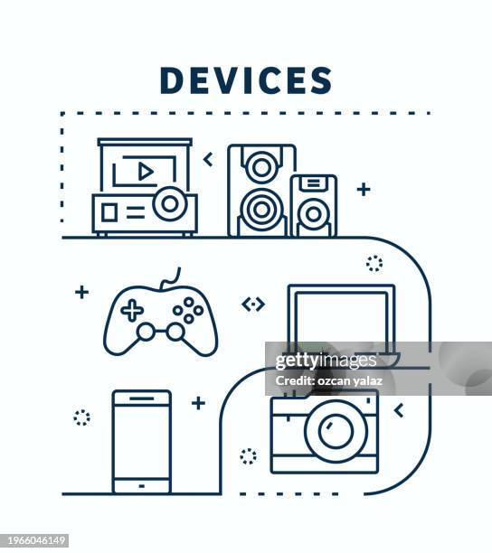 devices related vector banner design concept. - using smart speaker stock illustrations