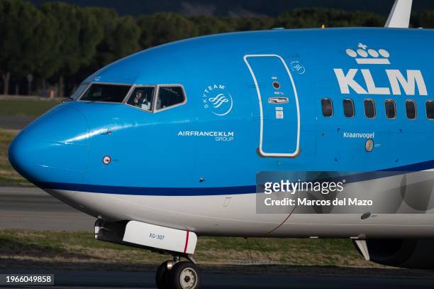 View of the cockpit of a KLM commercial flight in a runway of Adolfo Suarez Madrid-Barajas Airport.