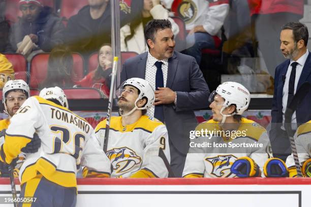 Nashville Predators Head Coach Andrew Brunette on the bench during second period National Hockey League action between the Nashville Predators and...