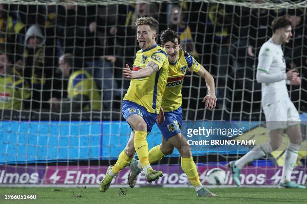 Westerlo's Griffin Yow celebrates after scoring during a soccer match between KVC Westerlo and Cercle Brugge, Tuesday 30 January 2024 in Westerlo, on...
