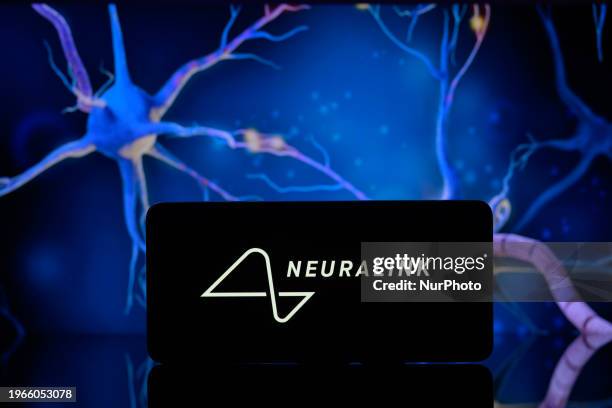 The Neuralink logo is displayed on a smartphone with brain cells visible in the background in this photo illustration in Brussels, Belgium, on...