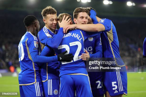 Kiernan Dewsbury-Hall of Leicester City celebrates with with his team mates after scoring to make it 1-0 during the Sky Bet Championship match...