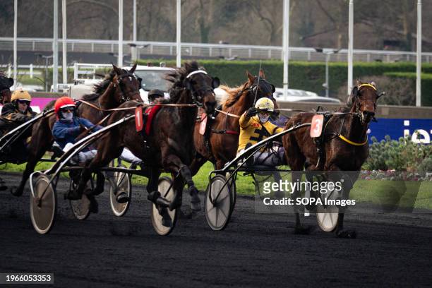 Horses Jean Balthazar and Joy For Us seen reaching the finishing line in the Prix Camille Blaisot race, at Vincennes Hippodrome. The best-known...