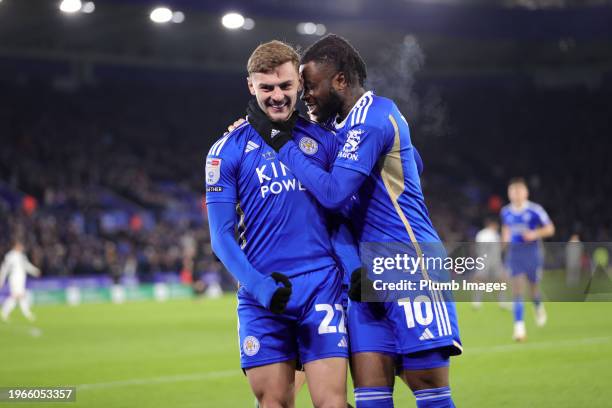 Kiernan Dewsbury-Hall of Leicester City celebrates with Stephy Mavididi of Leicester City after scoring to make it 1-0 during the Sky Bet...