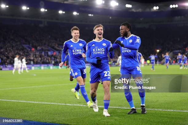 Kiernan Dewsbury-Hall of Leicester City celebrates with Stephy Mavididi of Leicester City after scoring to make it 1-0 during the Sky Bet...