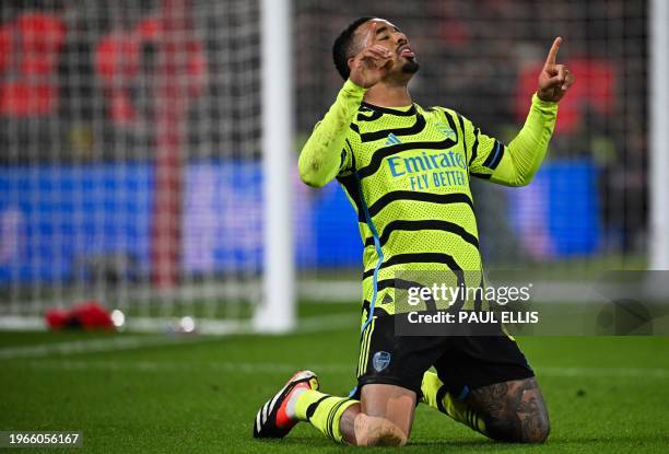 Arsenal's Brazilian striker Gabriel Jesus celebrates after scoring his team first goal during the English Premier League football match between...