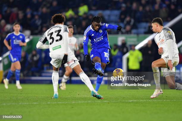 Stephy Mavididi of Leicester City takes a shot during the Sky Bet Championship match between Leicester City and Swansea City at King Power Stadium on...