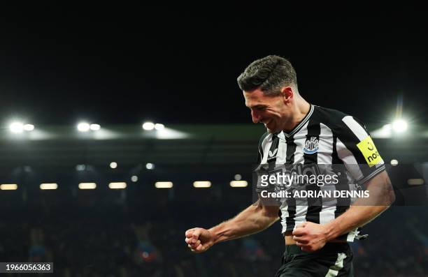 Newcastle United's Swiss defender Fabian Schar celebrates after scoring his team second goal during the English Premier League football match between...