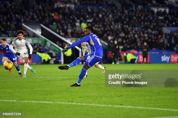 Stephy Mavididi of Leicester City scoring a penalty for Leicester City during the Sky Bet Championship match between Leicester City and Swansea City...