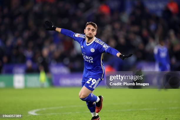 Yunus Akgun of Leicester City celebrates after scoring to make it 3-0 during the Sky Bet Championship match between Leicester City and Swansea City...