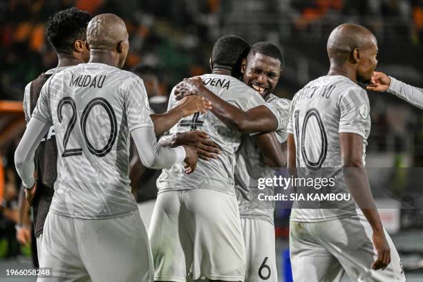 South Africa's players celebrate after scoring a goal during the Africa Cup of Nations 2024 round of 16 football match between Morocco and South...