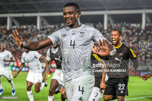 South Africa's midfielder Teboho Mokoena celebrates after scoring a goal during the Africa Cup of Nations 2024 round of 16 football match between...